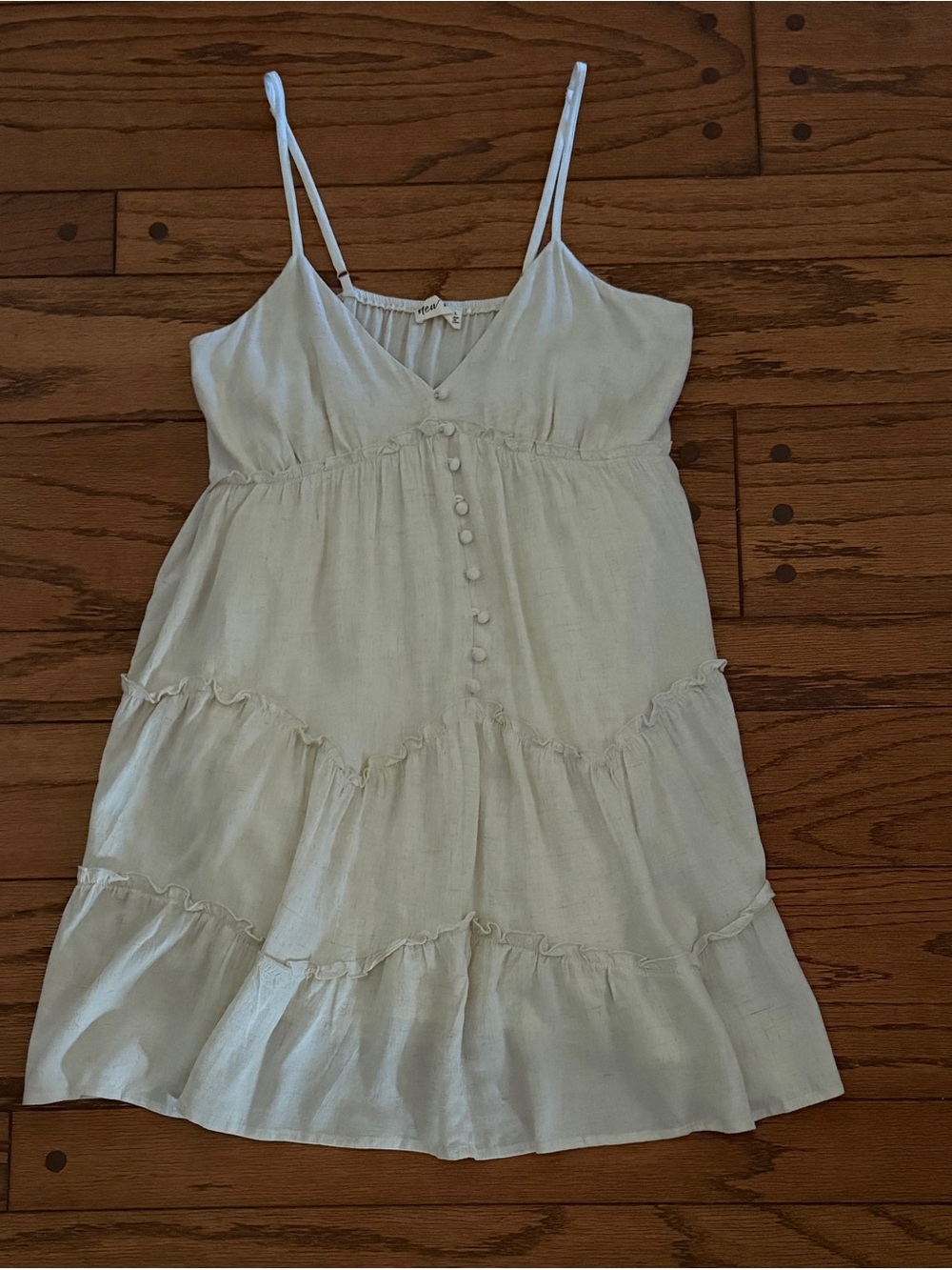 New In Ivory Linen Blend Tiered
Ruffle Boho Mini Dress Spaghetti Strap Size L